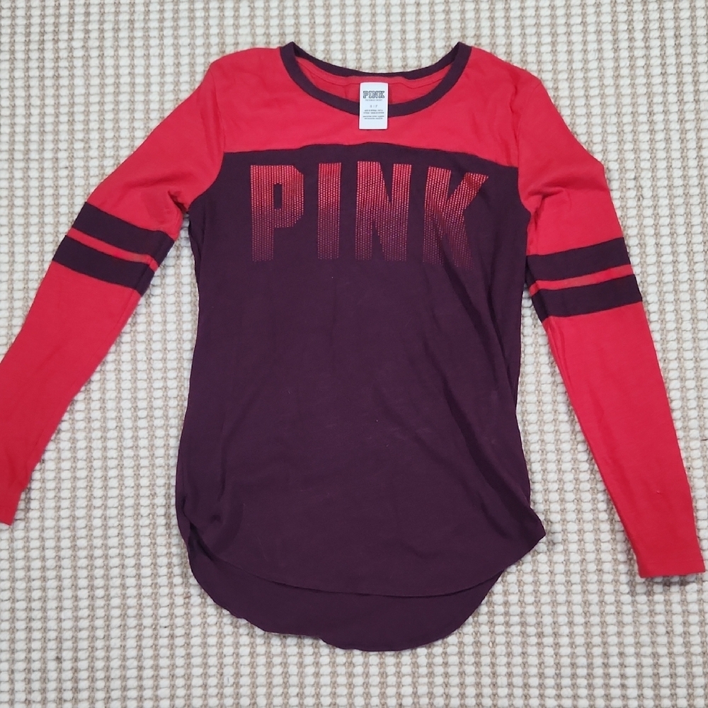 PINK Victoria's Secret Red and Purple Colorblock Long Sleeve Baseball Small Top